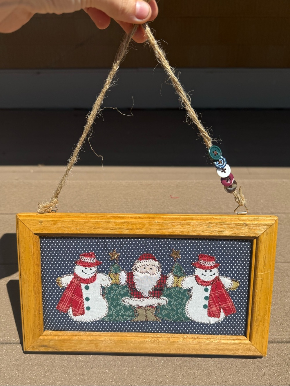 Vintage Christmas Fabric Art Wall Hanging – Santa & Snowmen – Rustic Farmhouse